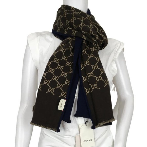 Gucci Women's Scarf Double Sided Blue Other Side Brown Beige Monogram GG DM10 - Picture 1 of 12